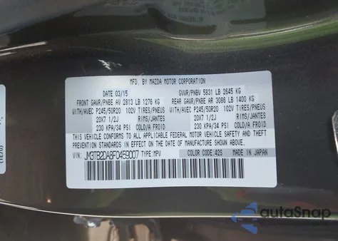 2015 Mazda Cx-9 Grand Touring z USA, uszkodzony, nr VIN JM3TB2DA8F0459007